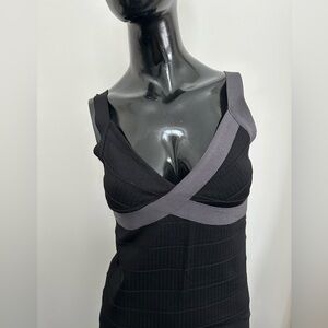 Plastic Island brand.  knit Black banded dress.  Hip black vs grey straps.